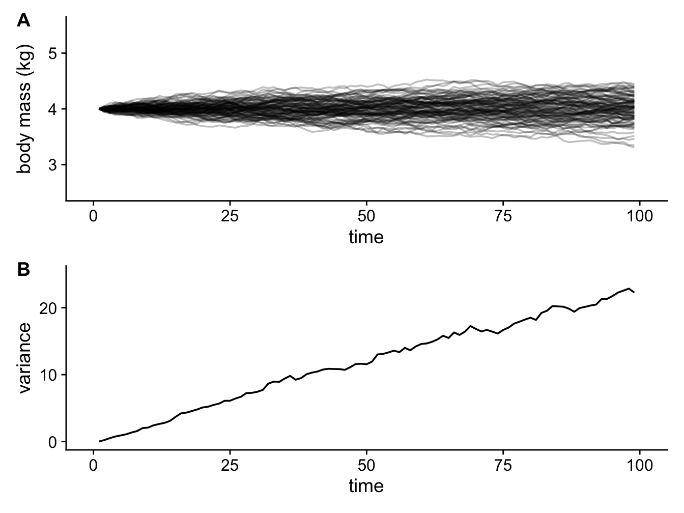 100 simulations showing how the body mass of cats changes through time under a Brownian model with $z(0) = 4 kg$ and $sigma^2 = 0.25$ (A); and a plot showing how variance in body mass across the simulations increases linearly through time (B).